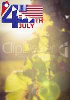 Fourth of July graphic with flags and ice cream against leaves and flares