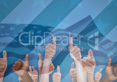 People with thumbs up against blue background with american flag