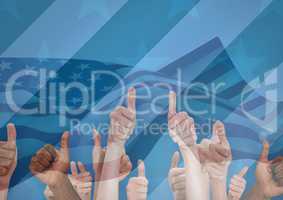 People with thumbs up against blue background with american flag