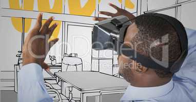 Business man in virtual reality headset hands out against 3D grey and yellow hand drawn office