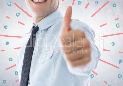 Business man mid section giving thumbs up against white wall with red blue fireworks doodle