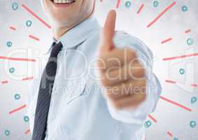 Business man mid section giving thumbs up against white wall with red blue fireworks doodle