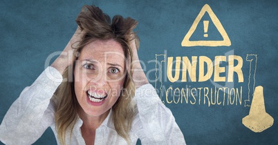 Frustrated business woman against blue background with yellow construction doodle and grunge overlay