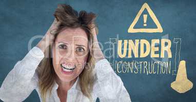 Frustrated business woman against blue background with yellow construction doodle and grunge overlay