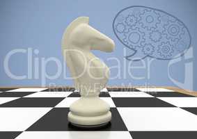 3D Chess pieces against purple background and speech bubble with cogs