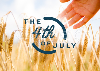 Blue fourth of July graphic against hand touching grain and flare