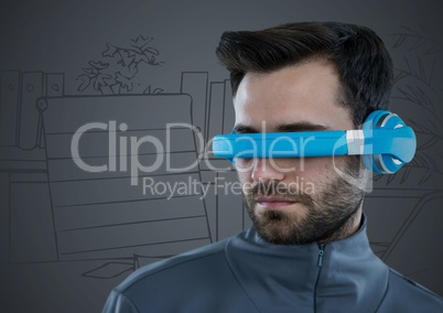Man in blue virtual reality headset against grey hand drawn office