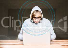 Blond hair hacker using a laptop in a room