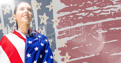 Woman wrapped in american flag against hand drawn american flag and flare