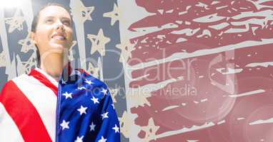 Woman wrapped in american flag against hand drawn american flag and flare