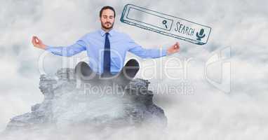 Business man meditating on 3D mountain peak among clouds with green search bar