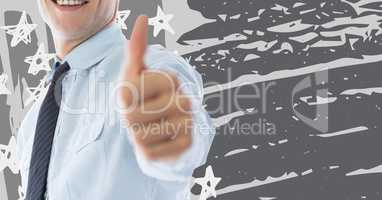 Business man mid section giving thumbs up against grey hand drawn american flag