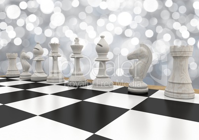 3D Chess pieces against white bokeh