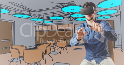 Man in virtual reality headset against 3D blue and brown hand drawn office