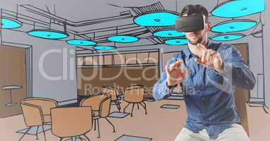 Man in virtual reality headset against 3D blue and brown hand drawn office