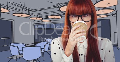 Millennial woman drinking coffee against 3D blue hand drawn office