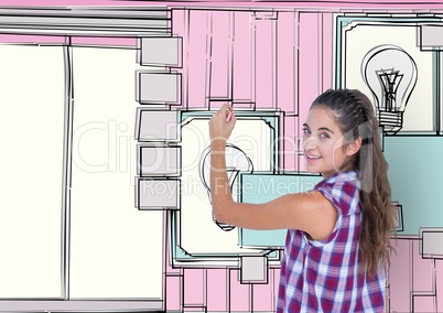 young woman 3D drawing room lines