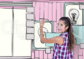 young woman 3D drawing room lines