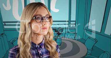 Millennial woman against 3D blue hand drawn office