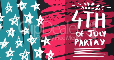 White fourth of July party graphic against hand drawn pink, blue, white and grey american flag
