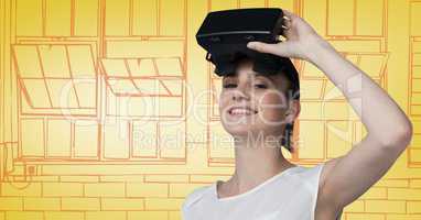 Woman in virtual reality headset against 3d yellow and orange hand drawn windows