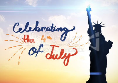 Fourth of July graphic against evening sky with statue of liberty