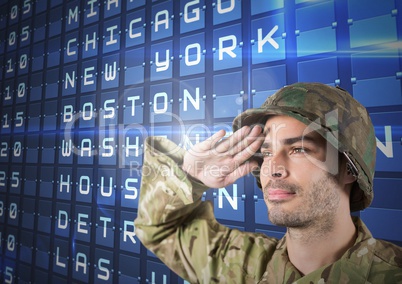 Proud soldier saluting against 3d flights posting