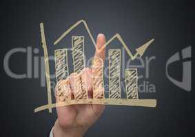 Hand pointing at 3d yellow graph doodle against grey background