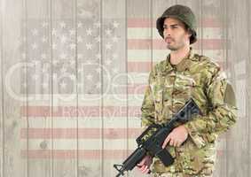 3d Proud soldier holding firearm against american flag