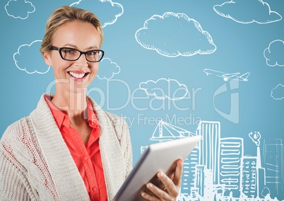 3d Woman with tablet against blue background and white city doodle