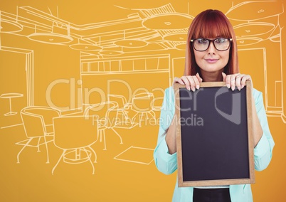 Millennial woman with chalkboard against orange and white hand drawn office