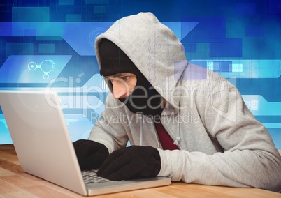 3d Hacker using a laptop in front of digital screen