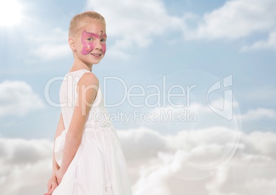 Girl with pink facepaint against sky with flare