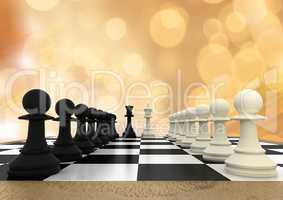 3d Chess pieces against orange bokeh