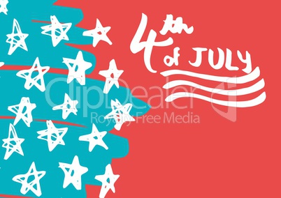 White fourth of July graphic against hand drawn star pattern and red background