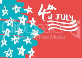 White fourth of July graphic against hand drawn star pattern and red background