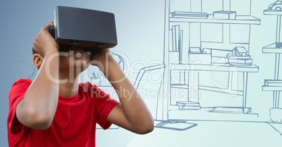 Boy in virtual reality headset against 3D blue hand drawn office