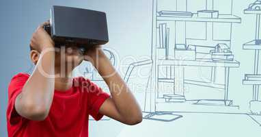 Boy in virtual reality headset against 3D blue hand drawn office