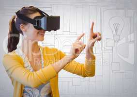 Woman in virtual reality headset against white hand drawn wall with 3d sticky notes
