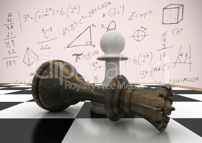 3d Chess pieces against pink background with math doodles