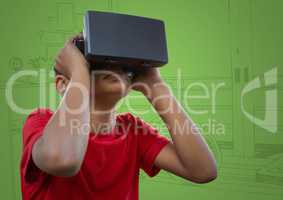 Boy in virtual reality headset against green hand drawn office