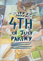 Blue and white fourth of July party graphic against overhead of family eating at table
