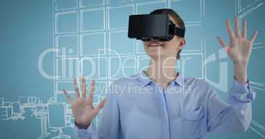 Business woman in virtual reality headset against 3D blue and white hand drawn office