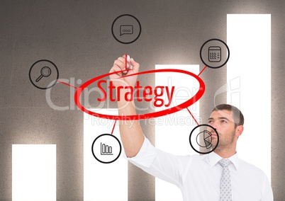 Businessman doing a 3d graphic about STRATEGY in the screen. Graph wall background