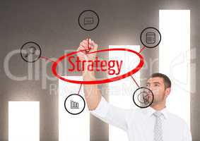 Businessman doing a 3d graphic about STRATEGY in the screen. Graph wall background