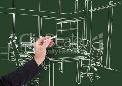 3d hand drawing office lines in dark background
