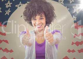Millennial woman smiling and giving two thumbs up against hand drawn american flag with flare