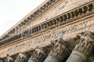 close up of the Pantheon pediment with latin inscription