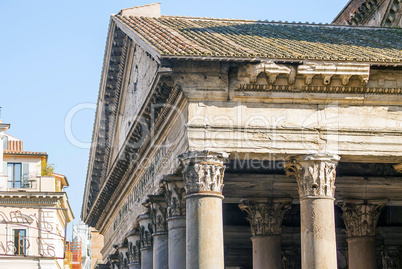 close up of the Pantheon pediment with latin inscription, corinthian capital columns, Rome