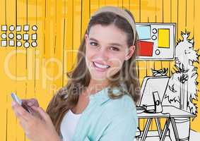Millennial woman with phone against yellow hand drawn office